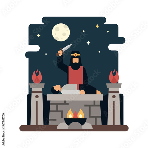 A robed figure with a crown holds a dagger over a person on an altar under a full moon, flanked by torches and fire.