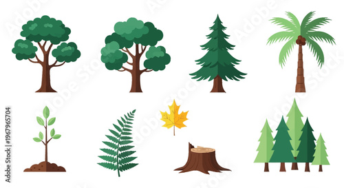 Set of colorful flat design illustrations of trees, plants, and nature elements.