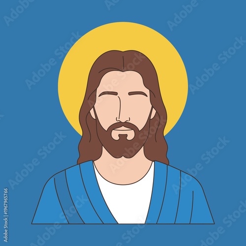 Stylized illustration of Jesus Christ with a halo and blue robe against a solid blue background.