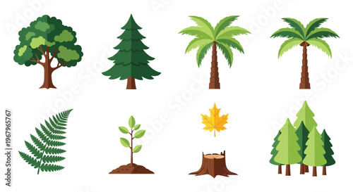 Collection of vibrant flat vector illustrations depicting various types of trees and plants.