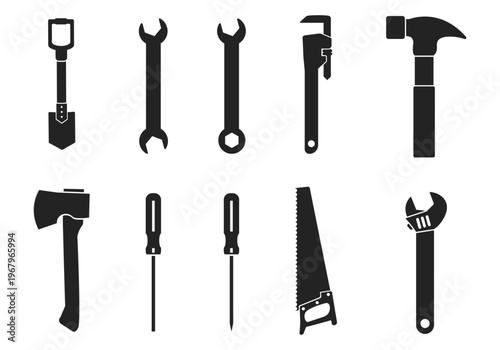Bundle isolated illustrations of silhouettes of a pair, wood saw, axe, shovel, hammer, screwdriver and other for craftsman and mechanic tools icons.