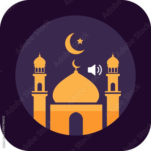 Stylized mosque with crescent moon and star, featuring a speaker icon, set against a dark purple background, symbolizing Islamic prayer and sound.