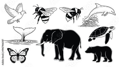 Diverse collection of wild animals in solid black silhouette style.