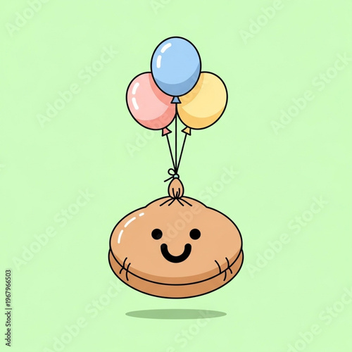 Floating Delight: A cheerful, cartoon-style character, shaped like a dumpling, soars gracefully into the sky, tethered to a cluster of colorful balloons, embodying happiness. 
