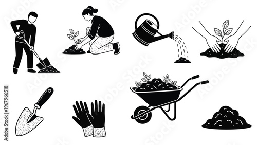 Set of monochrome gardening and agricultural icons showing planting process and tools.