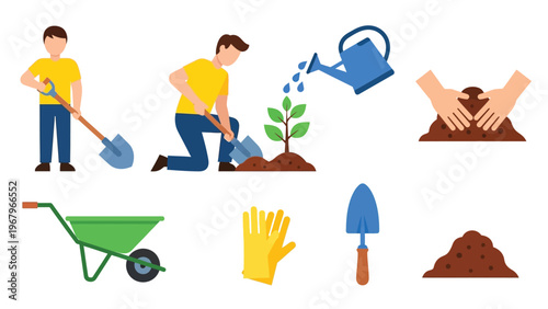 Gardening elements set with people planting and watering plants and gardening tools.