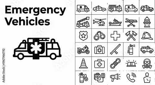 Comprehensive collection of emergency vehicle line icons featuring ambulances, fire trucks, police cars, rescue helicopters, and boats, along with essential first responder gear, medical equipment, an