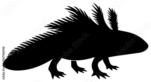 Black silhouette of an axolotl in side profile with feathery gills on white background detailed illustration