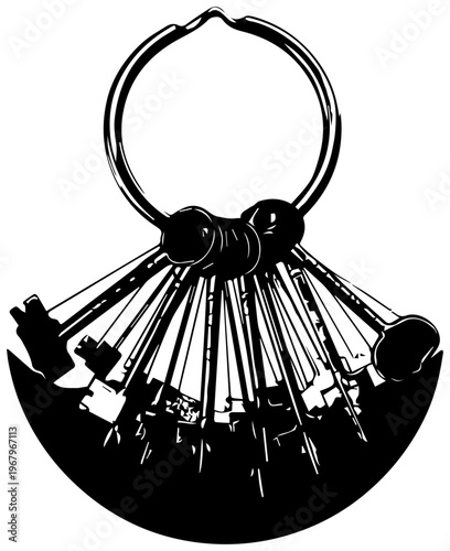 Vintage keyring with multiple fanned keys on a semi circle metal ring isolated on white background