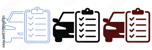 Vehicle maintenance icon set, cars with checklists for inspection and service, car maintenance report, vehicle service list symbol, and car insurance finance icons, isolated vector design.