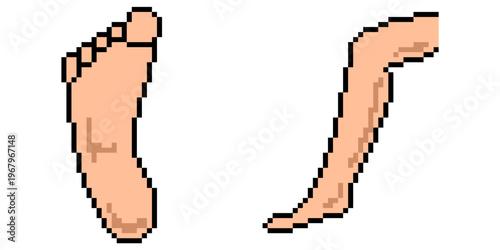 Pixel foot vector set for retro anatomy games. Ideal for symbolizing 8-bit digital bare feet, arcade style physical steps, and nostalgic human biology health walking.