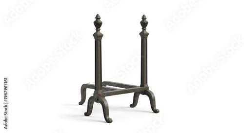 Vintage fireplace andirons on white background.