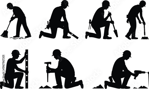 Silhouette collection of construction workers kneeling and performing tasks with tools representing manual labor industry isolated vector illustration concept set