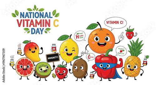 Colorful cartoon fruits and vegetables celebrating National Vitamin C Day with illustrations of citrus fruits and healthy lifestyle concepts.