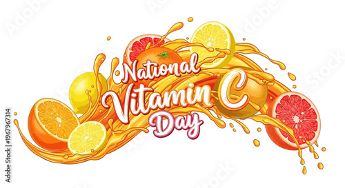 Illustration of National Vitamin C Day design with citrus fruits and splashing juice on a white background, conveying a healthy lifestyle and nutrition concept.