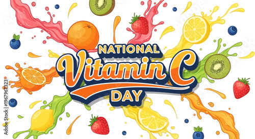 Vector illustration for National Vitamin C Day with colorful fruits and splashes on a vibrant background, promoting vitamin C awareness and healthy eating.