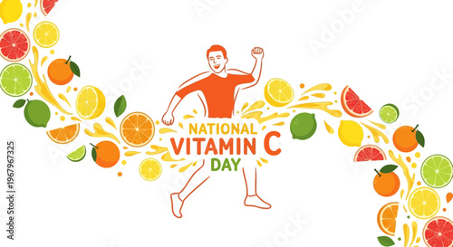 Illustration of a man running surrounded by colorful fruits and vegetables celebrating National Vitamin C Day with a vibrant and healthy theme.
