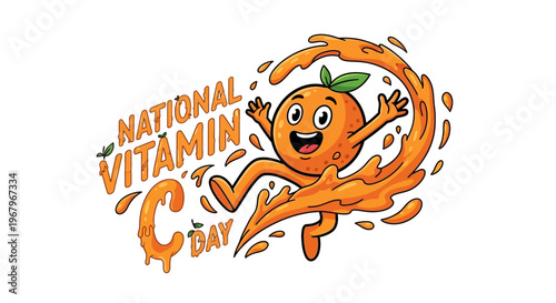 Illustration of a cheerful orange character celebrating National Vitamin C Day with a dynamic design against a clean white background.
