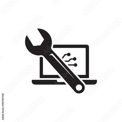 Black icon of a wrench on a laptop computer with a