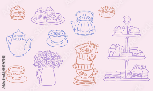 Tea Time Hand Drawn, Whimsical Tea Time, Afternoon Tea Doodle Set