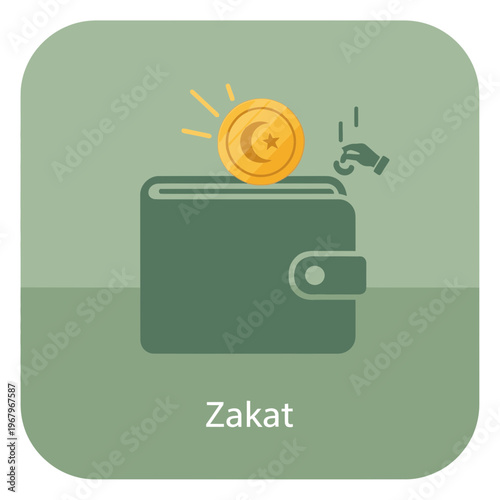 Illustration of Zakat, an Islamic almsgiving concept, showing a coin with a crescent moon and star above a wallet, with a hand contributing funds.