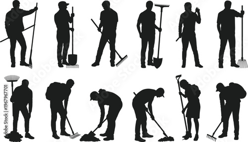 Silhouette collection of gardening workers using rakes and tools performing outdoor yard work isolated vector illustration for landscaping industry concept