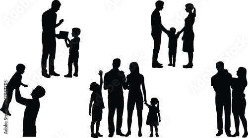 Silhouette collection of happy family interactions with parents and children showing love care bonding isolated vector illustration for lifestyle concept