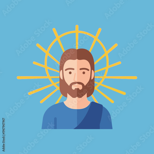 Stylized illustration of Jesus Christ with a halo on a blue background.