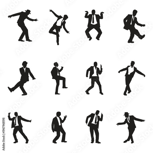 Dynamic Silhouettes of Men in Suits Performing Energetic Dance Moves and Poses