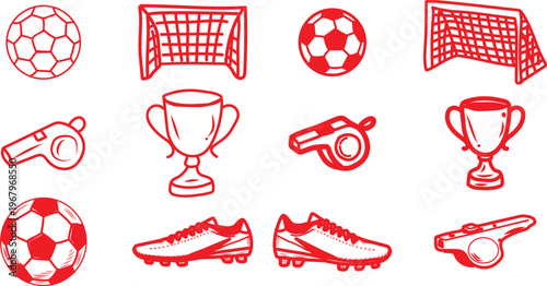 This vibrant collection showcases a diverse range of hand-drawn red outline illustrations featuring essential soccer equipment and iconic symbols, meticulously rendered against a clean white backgroun