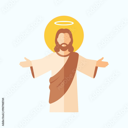 Flat design illustration of Jesus Christ with a halo and open arms, depicting a welcoming and spiritual gesture.
