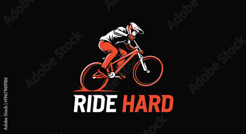 Mountain biker riding hard with a determined expression, action shot, ride hard concept.