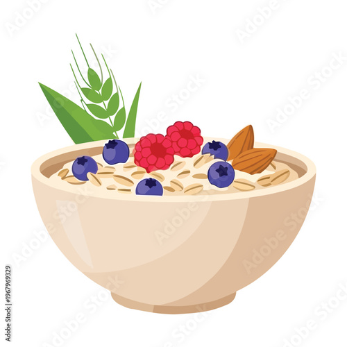 Bowl of oatmeal with fresh berries and nuts on top