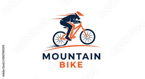 Mountain biker speeding on orange bicycle, perfect for sports and adventure logos.