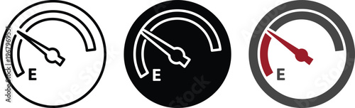 Essential set of three graphic fuel gauge icons, clearly indicating a very low fuel level or empty status.