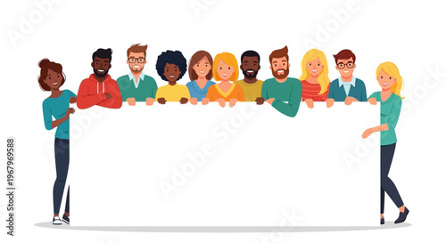 Diverse multiethnic group of people holding a large blank white banner for a custom message or announcement, symbolizing unity, community, and collaboration