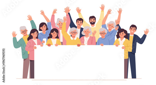 Happy diverse community group of people smiling and waving, holding a blank white banner for your custom message, symbolizing unity and togetherness for your content