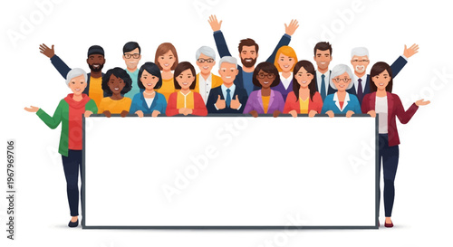 Diverse group of people standing behind a large blank white board with a happy and celebratory mood in a flat illustration style.