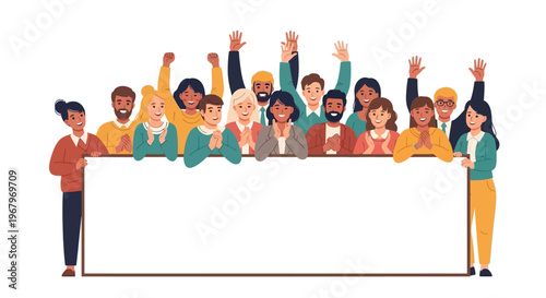 A diverse group of people standing behind a large blank white board in a flat illustration style with a happy and celebratory mood.