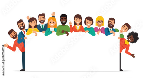 Diverse group of people standing together behind a large blank white board in a flat illustration style with a happy and celebratory mood.