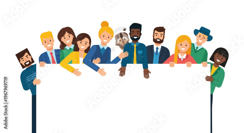 Diverse group of people standing together behind a large blank white board in a flat illustration style with a happy and celebratory mood.