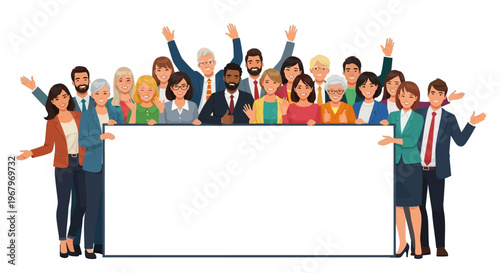 A diverse group of people standing together behind a large blank white board or frame illustration in a flat style with a happy and celebratory mood.