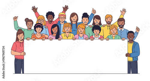 A diverse group of people standing behind a large blank white board or frame illustration in a flat style with happy and celebratory mood.