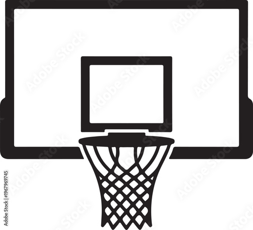 Basketball hoop, backboard, and net, sports icon, black and white, vector illustration, athletic equipment