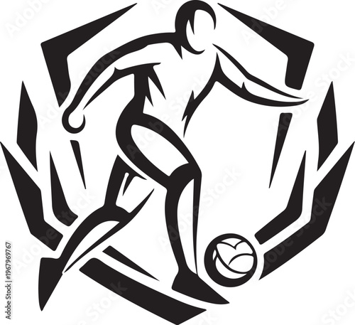 Black soccer player kicking ball, vector sports logo, athletic abstract icon, monochrome design element