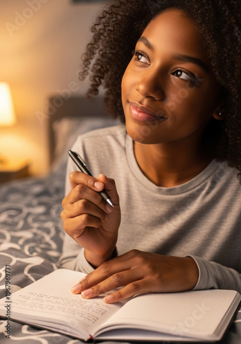 African American girl writing note in diary at home in evening  