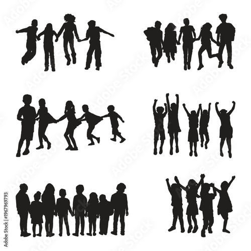 Diverse groups of playful children silhouettes capturing active childhood moments