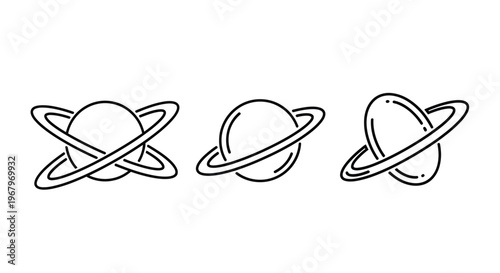 Simple line drawing of three planets with rings varying in shape and orientation