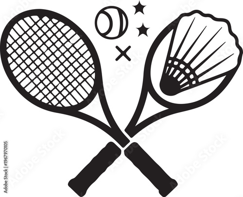 Badminton rackets, shuttlecock, sports icons, black vector graphics, athletic equipment