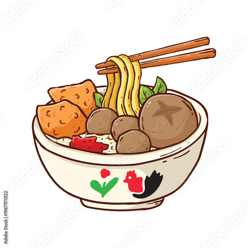 Delicious Asian Noodle Soup with Meatballs, Tofu, and Mushroom Illustration, cartoon bakso food